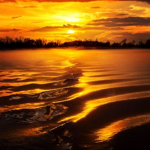 Golden sunset reflected in the wake across a river