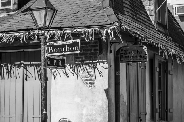 Bourbon/St. Philip corner, black-and-white