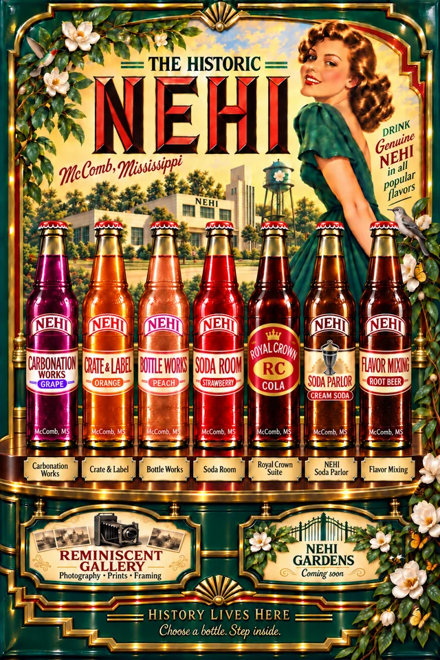 The Historic NEHI: seven loft bottles in McComb, Mississippi. History lives here. Choose a bottle. Step inside.